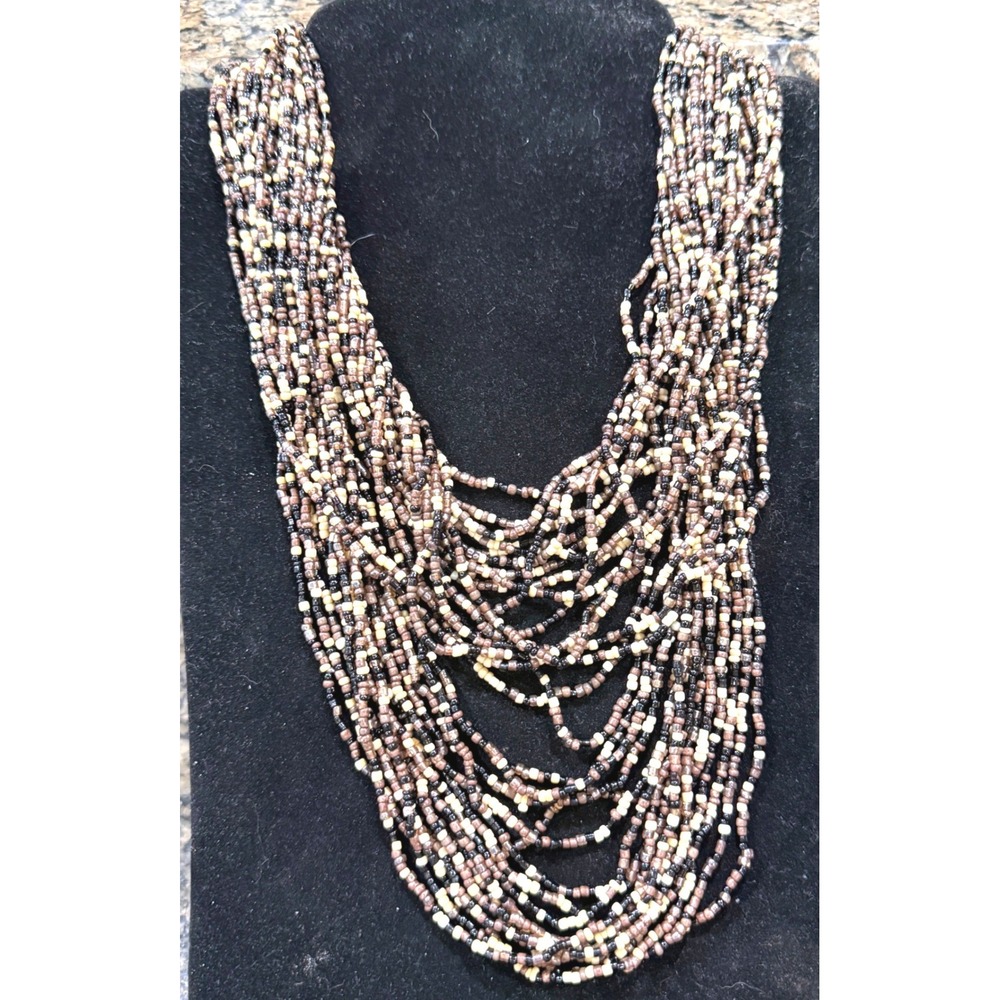 Multi Strand Seed Bead Necklace Brown Cream Bronze Wood Toggle Clasp Boho 18.5in